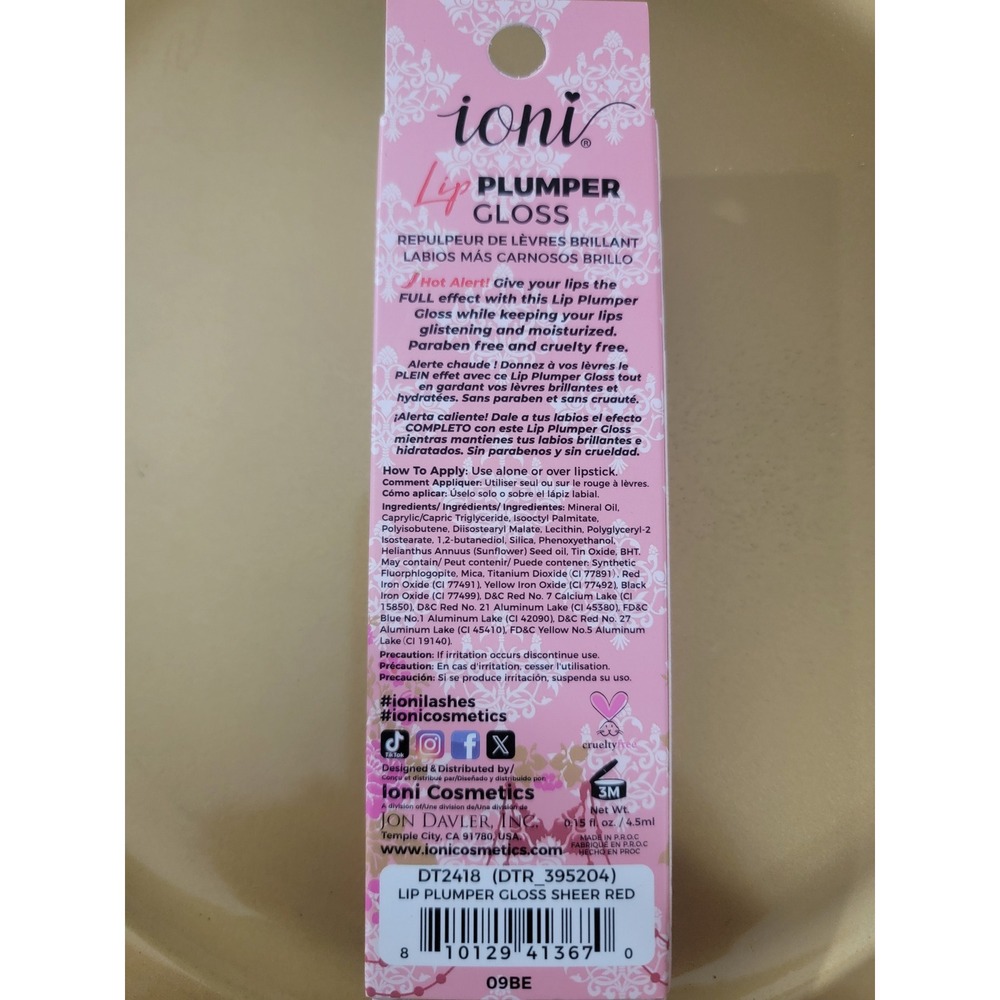 Ioni Cosmetics Lip Plumper Gloss Sheer Red DT2418 High Shine Moisturizing New - Picture 2 of 2